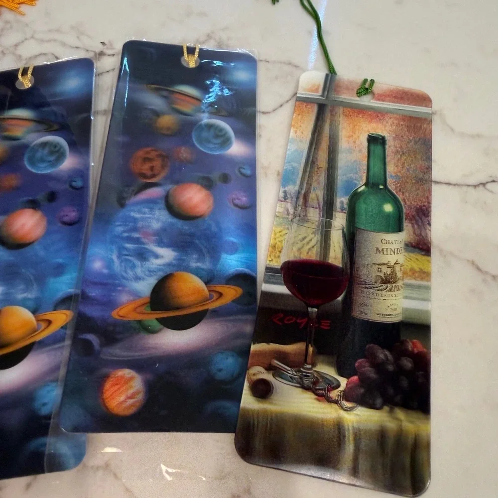 Vintage Advanced 3D Lenticular Bookmarks Lot of 4 Pirate Space Wine Tassels